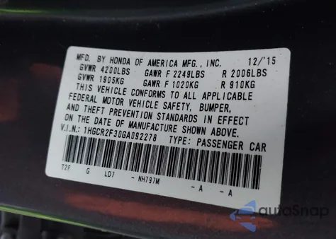 2016 Honda Accord Lx из США, поврежденный, VIN 1HGCR2F30GA092278